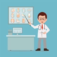 Doctor checking and pointing at broken bones of x-ray film.