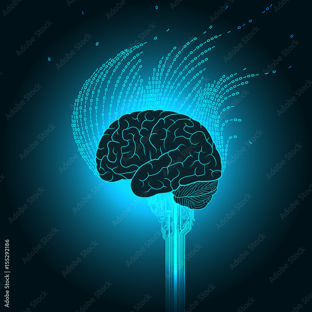 Poster The brain is connected to the electronics emits binary streams in the form of a flame. Sci-Fi concept of digital biotechnology