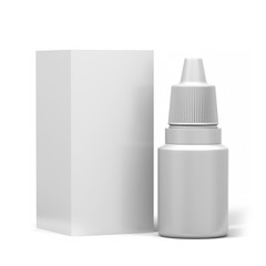 Realistic Rendering Eye or Ear Dropper 3D Bottle and Box on White Background, 3D Illustration