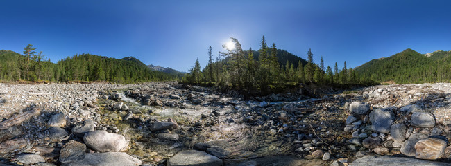 Cylindrical vr panorama 360 mountain river flowing in the forest among the stones