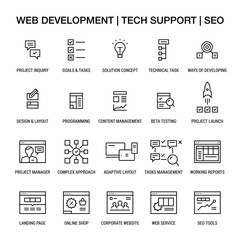 Web developing. Tech support. SEO. Icons set. Linear. Black on white.