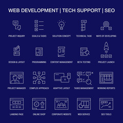 Web developing. Tech support. SEO. Icons set. Linear. Gray on blue.