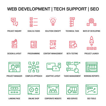 Web developing. Tech support. SEO. Icons set. Linear. Colored on white.