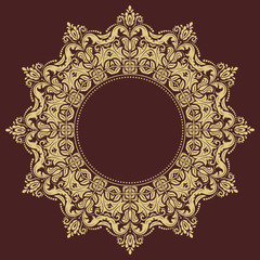 Oriental round golden pattern with arabesques and floral elements. Traditional classic ornament. Vintage pattern with arabesques
