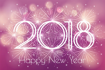 Happy New Year 2018 Card with glowing fireworks fire on blurred purple violet background. Poster, greeting card, banner or invitation. Vector illustration EPS 10