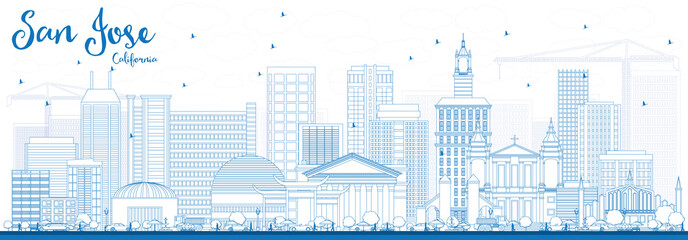 Outline San Jose California Skyline with Blue Buildings.