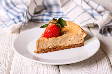 French creme caramel dessert or flan, Slice of Milk Pudding with strawberries