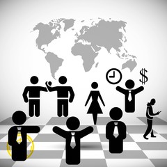 Business people team crowdy walk silhouette concept businesspeople group human resources over world map background vector icon