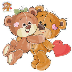 Vector illustration of a loving brown teddy bear hides behind his back a valentine, and his girlfriend hugs him by the neck. Print, template, design element