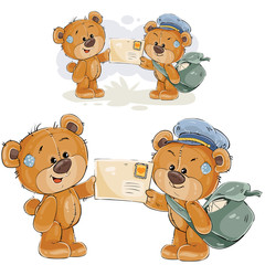 Vector illustration of a brown teddy bear postman giving a letter to another teddy bear. Print, template, design element