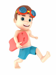 3d render of a kid wearing swimwear and goggles running holding a floater