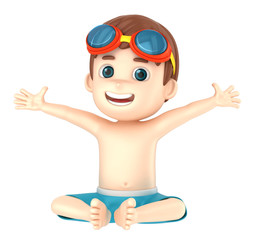 3d render of a kid wearing swimwear and goggles sitting and arms wide open