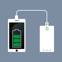 Flat isometric Smartphone USB cable connection with external power bank.