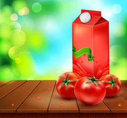Vector pack of tomato juice with tomato standing on a wooden table on the background of the sky and green foliage