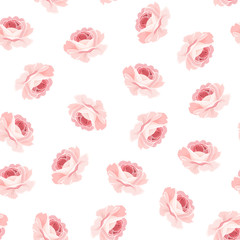 Pink rose spring summer floral seamless pattern, Tree bush bloom blossom. Isolated flowers with petals on white background. Feminine girlish style mood. Vector design illustration.