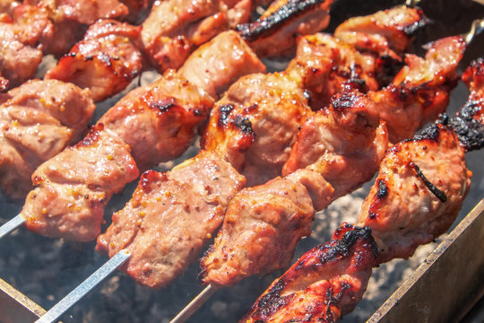 Shish kebab is baked over a fire with smoke. Camping and delicious food
