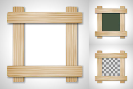 Vector wooden frame of four plates on different backgrounds, including transparent