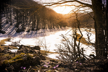 mountain valley in matese park with snow