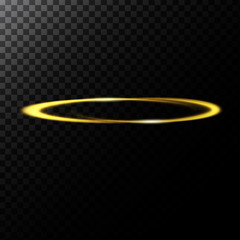 Vector abstract illustration of a light effect in the shape of a golden circle, a black translucent background with glowing trace in the shape of a ring