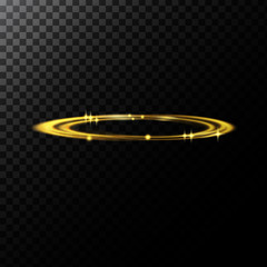 Vector abstract illustration of a light effects in the shape of a golden circles, a black translucent background with sparks and glowing traces in the shape of a rings