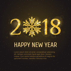 Fototapeta na wymiar Vector 2018 Happy New Year and Merry Christmas greeting card template with sparkling glitter golden textured snowflake. Seasonal holidays background