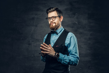 An elegant bearded hipster male dressed in a blue shirt and waistcoat.