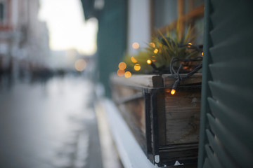 Window sill with flowers and garland
