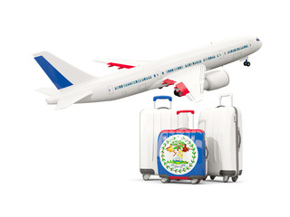 Luggage with flag of belize. Three bags with airplane