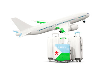 Luggage with flag of djibouti. Three bags with airplane