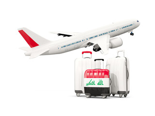 Luggage with flag of iraq. Three bags with airplane