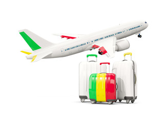 Luggage with flag of mali. Three bags with airplane