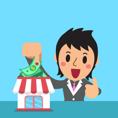 Cartoon businesswoman earning money with business store