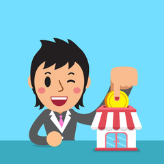 Cartoon businesswoman putting coin into business store