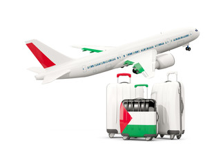 Luggage with flag of palestinian territory. Three bags with airplane