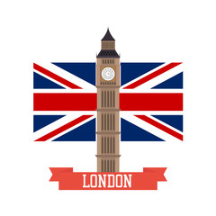 Plakat London concept. Big ben flat design with england flag
