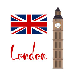 Fototapeta na wymiar London concept. Big ben tower with flag and lettering