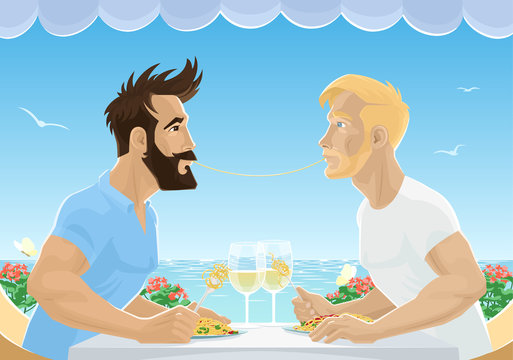 Gay male couple eating spaghetti in restaurant by sea. Handsome men in love having lunch with wine. Homosexual love concept. Vector illustration