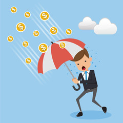 Businessman in Suit Wear and Rain Coin. Concept business vector Illustration Flat Style.