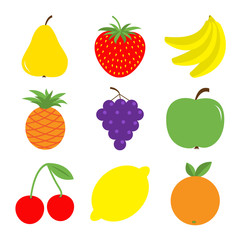 Fruit berry icon set. Pear, strawberry, banana, pineapple, grape, apple, cherry, lemon, orange. Fresh farm healthy food. Education card for kids. Flat design. White background. Isolated.