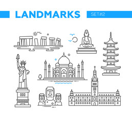 World Famous Landmarks - line design icons set