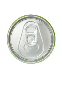 Top view of closed beverage green aluminum can on white background.