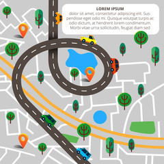 Colorful background with landscape, road and city map. Top view 