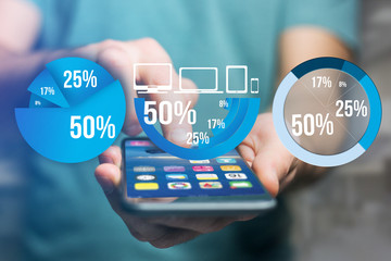 Blue survey graph interface with business theme going out a smartphone - Technology concept