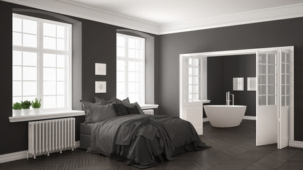 Fototapeta na wymiar Minimalist scandinavian white bedroom with bathroom in the background, classic white and gray interior design