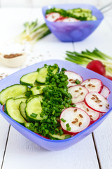 A light vitamin spring - summer salad with fresh cucumbers, radish and green onions, with oil and flax seeds in bowls on a white wooden background. Vertical view. Dietary, vegan dish. Healthy diet.