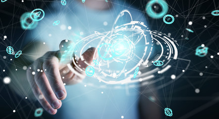 Businessman using flying network connection interface 3D rendering