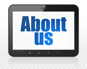 Marketing concept: Tablet Pc Computer with About Us on display