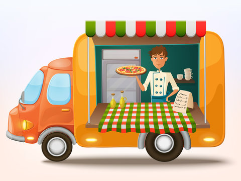 Cartoon mobile italian food truck with cooker