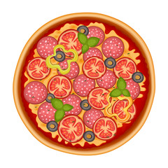 Delicious italian pizza icon with pepperoni isolated on white