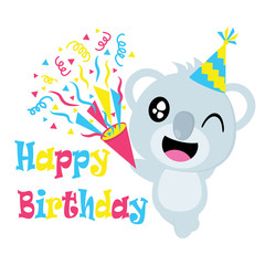 Cute koala with hat vector cartoon, Birthday postcard, wallpaper, and greeting card, T-shirt design for kids